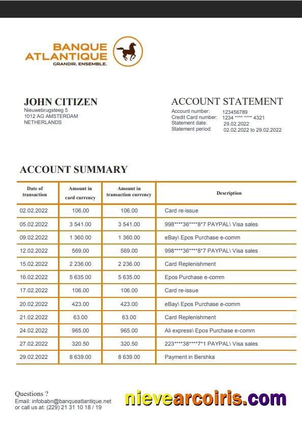 Benin Banque Atlantique bank statement in Word and PDF format